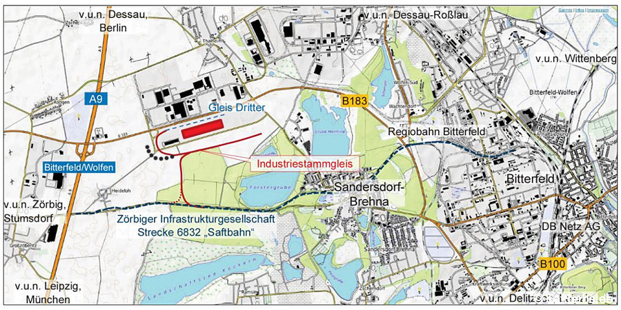 Der Einbau einer zusätzlichen Weiche mit einem Gleis (Skizze: schwarz gepunkteter Verlauf) war Gegenstand des Stadtratbeschlusses. Die abgelehnte Weiche liegt rund 1.000 Meter von der Ortschaft Heideloh entfernt. Das unterhalb abgebildete Gleisdreieck zur Saftbahn soll gebaut werden.