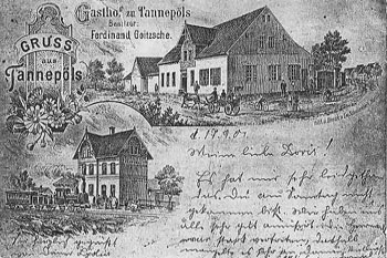 Postkarte von Tannepöls, um 1904. Links unten der Bahnhof mit einem Personenzug