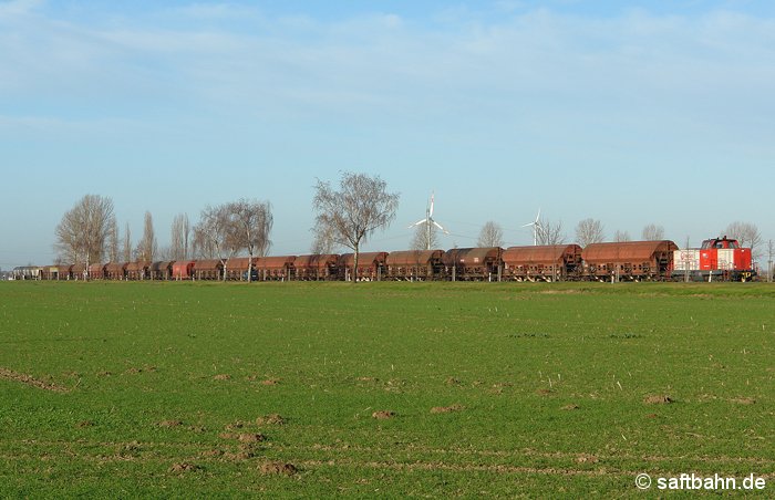 Große Mengen an Getreide empfing Ende 2008 bis Anfang 2009 die Biokraftstoffraffinerie in Zörbig. Am 17.11.2008 hatte Lok 131 der Regiobahn Bitterfeld, welche damals noch zur Veolia Transport-Gruppe gehörte, den Leergetreidezug in Zörbig abgeholt und befindet sich mit zwei am Zugschluss angehangenen Ethanolwaggons auf den Rückweg nach Bitterfeld Nord. Zwischen Großzöberitz und Heideloh konnte das frisch heranwachsende Wintergetreidefeld mit dem gesamten Zug bildlich festgehalten werden.