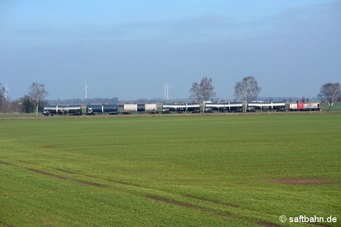 Bei frühlingshaftem Wetter zog die Regiobahn-Lok V133 den kurzen Ethanolzug aus Zörbig am 04.03.2009 durch die grüne Ackerlandschaft bei Heideloh.